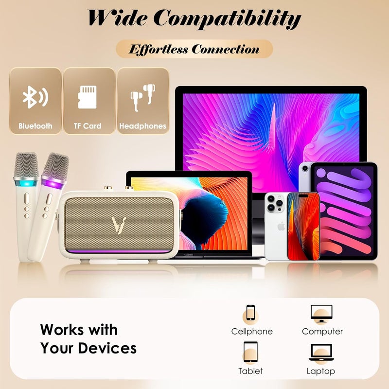 Hinastar Karaoke Machine with 2 Wireless Mics & Soft Leather Wrap |mini Portable Bluetooth Speaker with 5 Voice Changer Modes for Home Party, AUX/USB/TF Support, for Kids and Adults - Image 5
